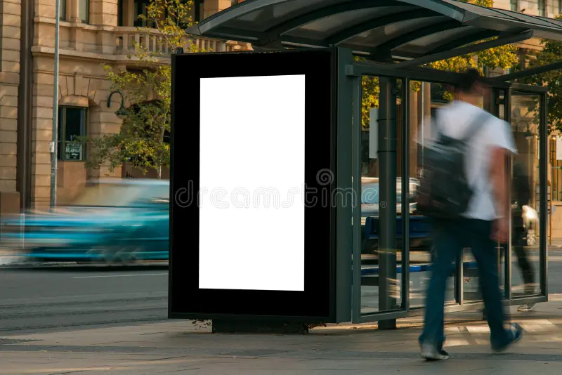 Blank vertical billboard on a city bus shelter with blurred traffic and people passing.